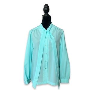 Vintage 70s Alicia Teal Blue Attached Neck Tie button Blouse Size 12